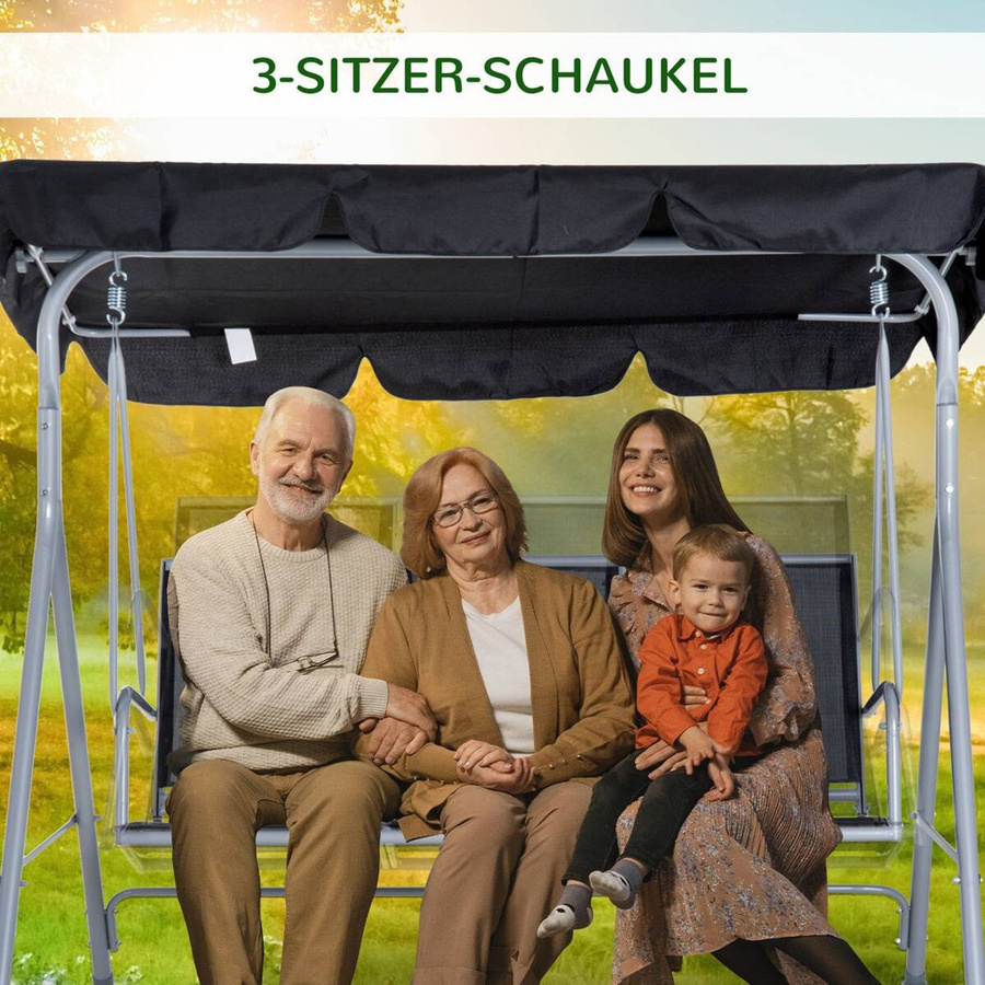 Outsunny Hollywoodschaukel für 3 Personen aus Metall mit UV-beständigem Sonnendach in Schwarz, B/T/H: 170 x 110 x 153 cm - Bild 4
