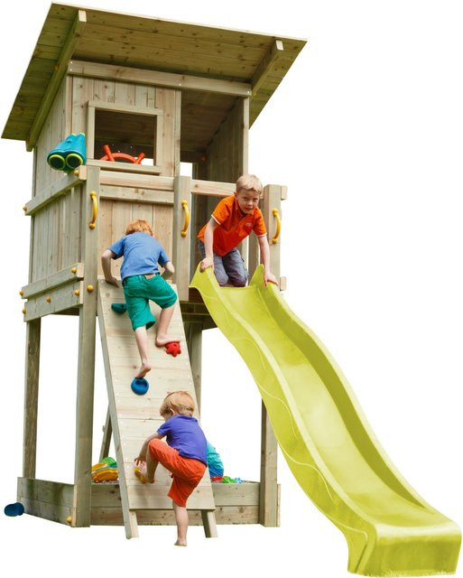 Spielturmking Spielturm BEACH HUT mit Rutsche + Kletterwand, Gelb, Holz - Bild 1