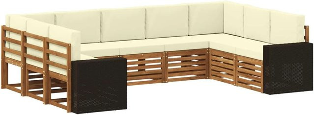 vidaXL Ecksofa Set in L-Form aus Akazienholz und Polyester in Natur und Creme mit Kissen und Armlehnen - Bild 1