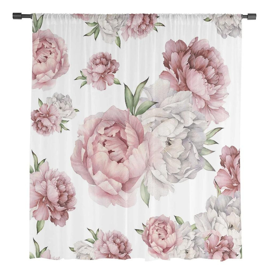 Yiran Furniture Transparentes Tüll-Fenstervorhang mit Vintage Blumen Design in Rosa und Weiß, Breite: 135 cm, Höhe: 185 cm - Bild 3