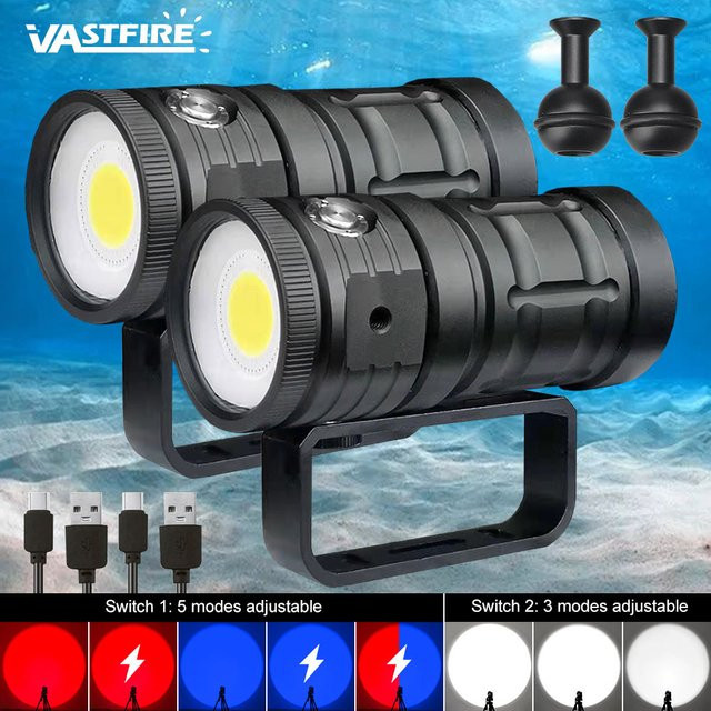 VASTFIRE Professionelle LED-Tauchtaschenlampe mit 18000 lm, IPX8 wasserdicht, taktische COB Taschenlampe mit RGB-Funktion, Weiß, Blau, Rot und Schwarz - Bild 1