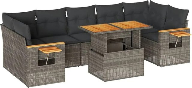 vidaXL 8-teilige Garten-Sofagarnitur in L-Form aus Poly-Rattan und Akazienholz mit grauen Kissen - Bild 1