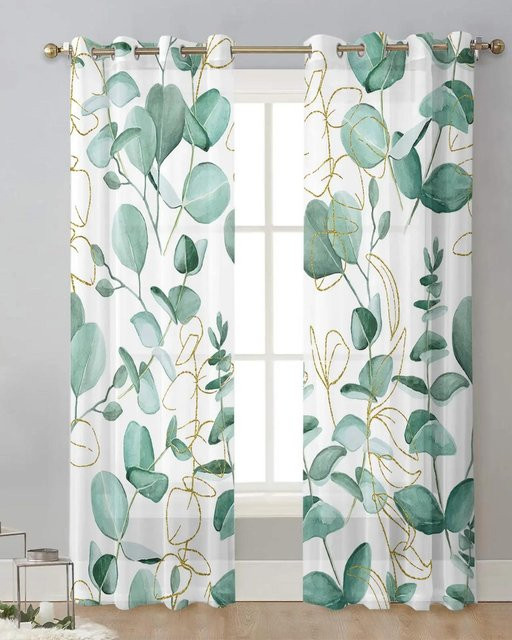 Yiran Furniture Transparente Voile-Vorhänge mit Eukalyptus-Blatt-Design aus Chiffon, 2er-Set, Farbe: Transparent/Mehrfarbig, B: 110 cm, H: 214 cm - Bild 1