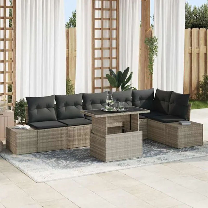Vidaxl Garten-Sofa-Set aus Polyrattan mit 7 Kissen in Grau, Modernes Loungemöbel-Set, B/T/H: 100 x 55 x 73 cm - Bild 1