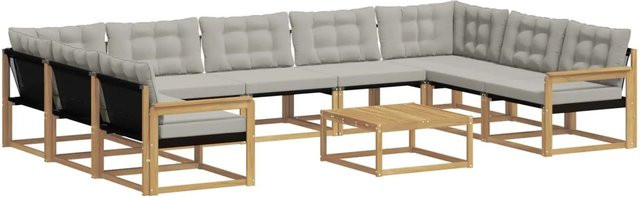 vidaXL Outdoor-Sofagarnitur aus Akazienholz in L-Form mit Textilene-Bezug und Kissen, 10-teilig, Weiß-Hellgrau - Bild 1