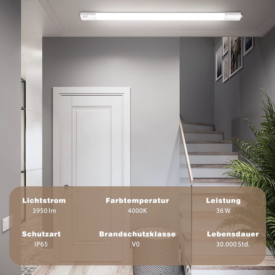 Oraymin LED Deckenleuchte mit Bewegungssensor, 36W, 4000LM, 4000K, IP66 wasserdichte Rohr Lampe für Keller, Werkstatt und Garage, Länge: 117 cm - Bild 3