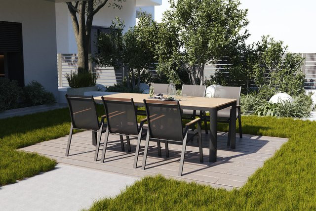 OUTFLEXX Tallinn Garten-Essgruppe aus Aluminium und Holzimitat mit 6 Stapelsesseln, anthrazit matt/natur, Esstisch B: 150 cm, T: 90 cm - Bild 1