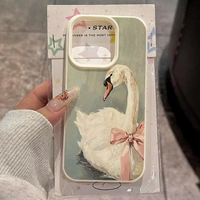 Handyhülle mit Rosa Schleifen-Schwan-Muster und Lychee-Textur für Apple iPhone, Farbe: Rosa/Mehrfarbig - Bild 1