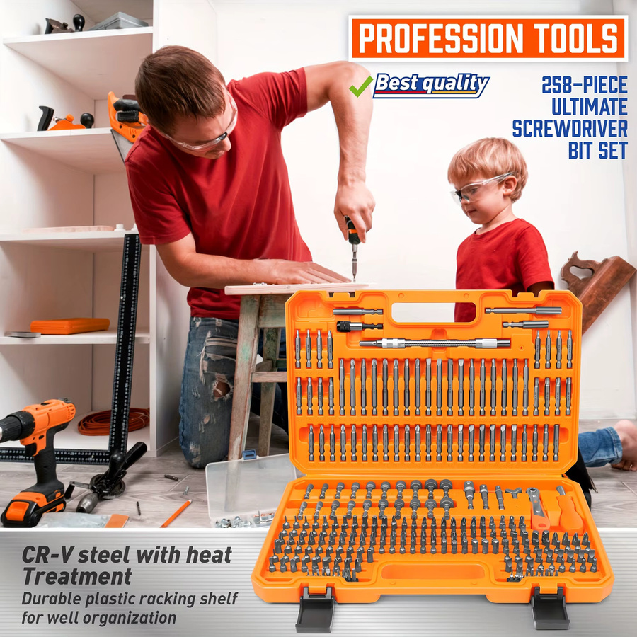 258-teiliges professionelles Schraubendreher-Bit-Set aus Chrom-Vanadium-Stahl in Orange mit Sicherheitsbohrern, Muttern-Setzern und Ratschenschlüssel - Bild 2