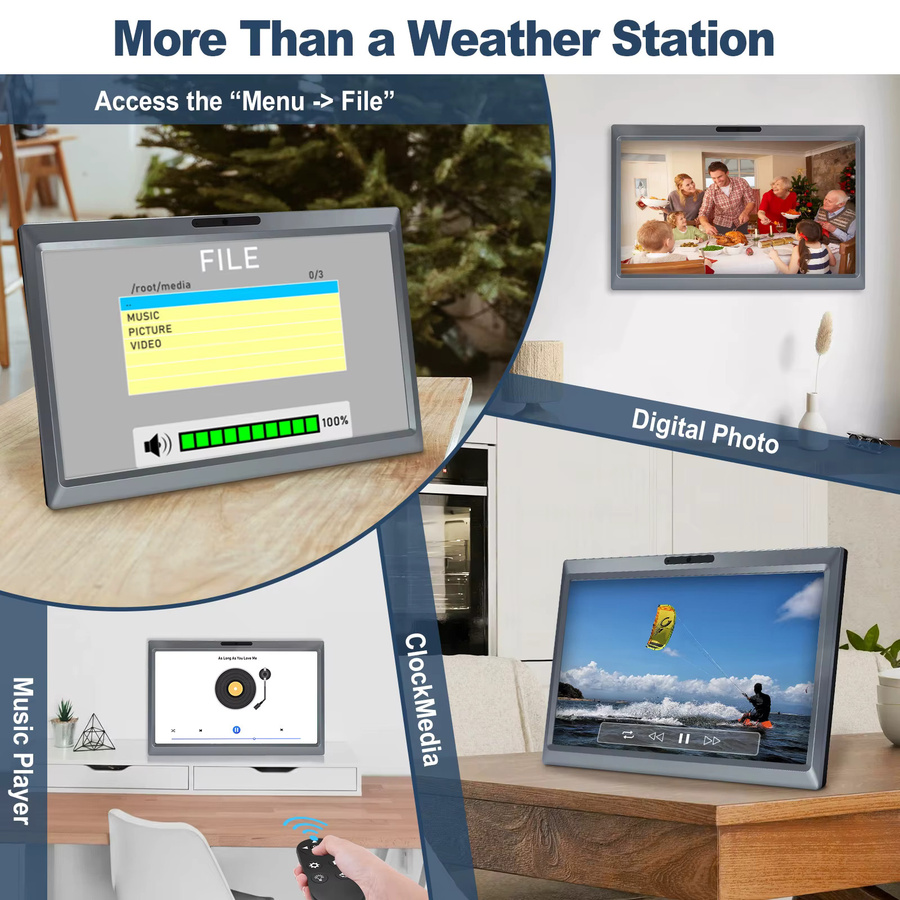 Urageuxy WLAN-Wetterstation mit 10,1 Zoll TFT-Display, digitales Thermometer, Hygrometer und Barometer in Grau - Bild 2