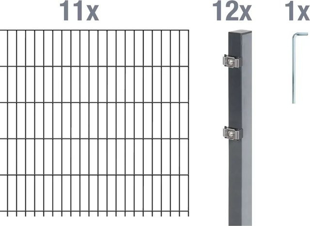 Metallzaun Doppelstabmatte Grund-Set aus Stahl, anthrazit beschichtet, Höhe: 80 cm, Breite: 200 cm, 11 Stück - Bild 1