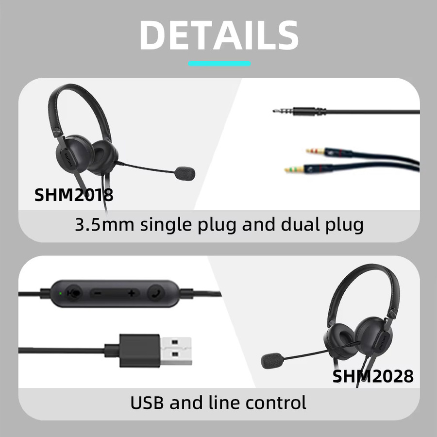 Philips SHM2018/SHM2028 Kabelgebundener Kopfhörer mit Mikrofon und ENC Geräuschunterdrückung in Schwarz mit 3,5mm Jack und USB-C Anschluss - Bild 4