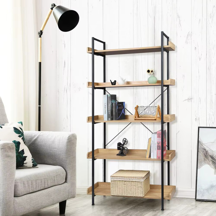 WOLTU 5-stufiges Bücherregal aus Metall in Eiche-Optik und Schwarz für Wohnzimmer, Küche oder Badezimmer - Bild 2