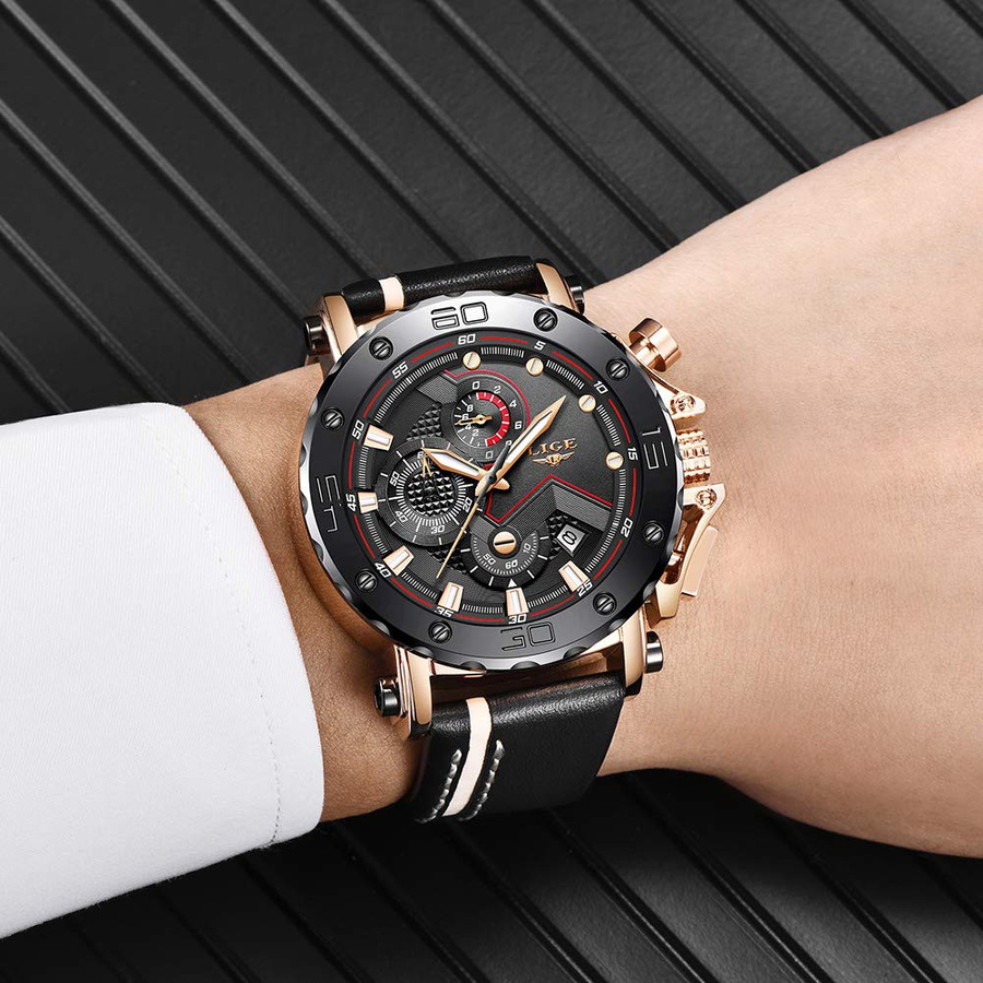 LIGE Armbanduhr, Leder, Schwarz, Quarz, Herren - Bild 2