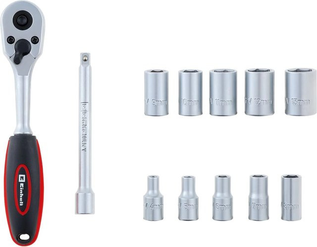 Einhell Umschaltknarren-Set metrisch 1/4 Zoll, 13-teilig, Chrom-Vanadium in Schwarz-Rot-Silber - Bild 1