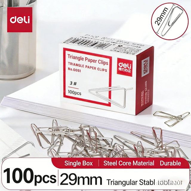 Deli 0051 Dreieckige Büroklammern aus Metall in Silber, 100 Stück pro Box - Bild 1