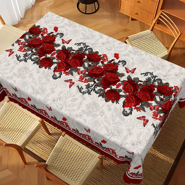 Elegante Tischdecke von JMG Household Supplies mit rotem Rosen- und Schmetterlingsprint, rechteckig, Breite: 140 cm, Länge: 140 cm - Bild 1