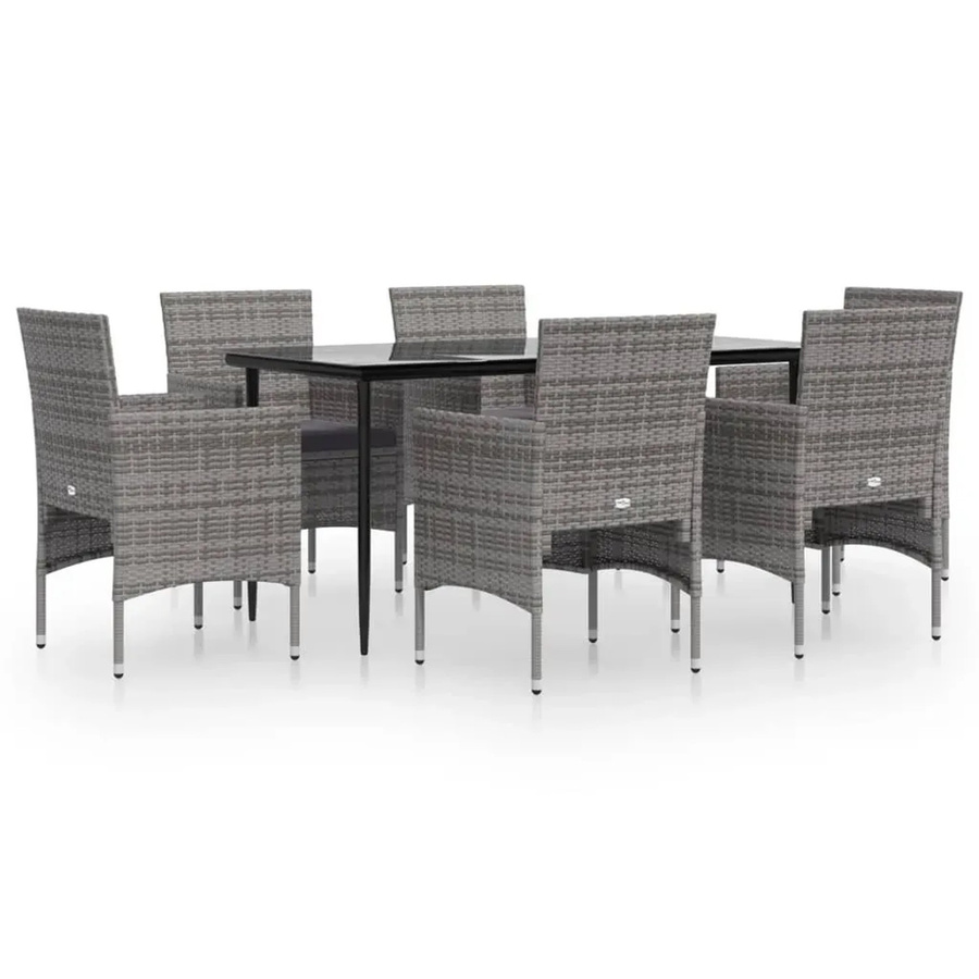 vidaXL 7-teilige Garten-Essgruppe aus PE-Rattan mit Hartglastisch und Kissen in Grau und Schwarz - Bild 2