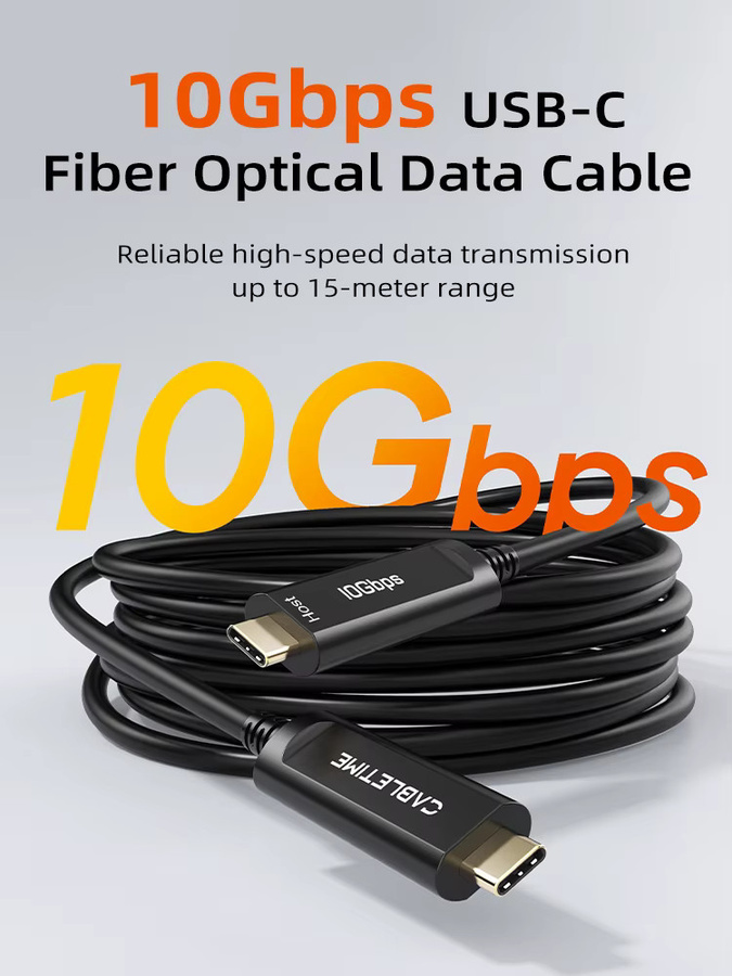 CABLETIME USB-C AOC Glasfaser-Datenkabel USB 3.2 mit 10Gbps Übertragungsrate, Farbe: Schwarz - Bild 5