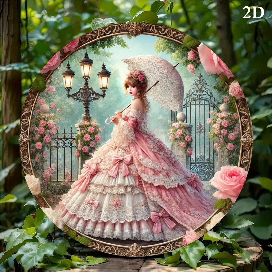 Runde Aluminium-Wandkunst von Potdemiel mit Motiv einer eleganten Frau mit Regenschirm, Metall-Wandschild im Vintage-Stil, Durchmesser: 20,0 cm, Mehrfarbig - Bild 5