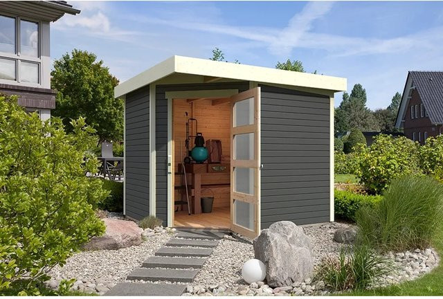Karibu Holz-Gartenhaus Linköping mit Pultdach in Terragrau, lackiert, B/T/H: 242 x 238 x 218 cm - Bild 1