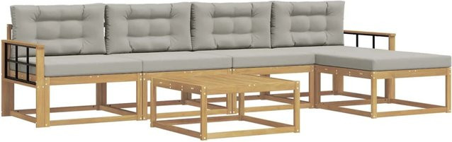 vidaXL Outdoor-Sofagarnitur aus Akazienholz mit 6-teiligem Set in Weiß und Grau, L-Form mit 3-Sitzer-Sofa, Couchtisch und Ottoman, B/T/H: 79 x 79 x 37 cm - Bild 1
