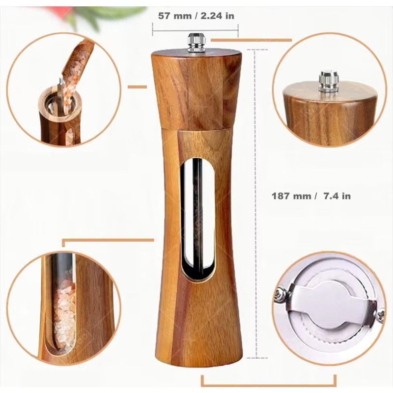 WXCOO Manuelle Salz- und Pfeffermühle aus massivem Holz in Braun mit verstellbarem Keramik-Mahlwerk, rund - Bild 6