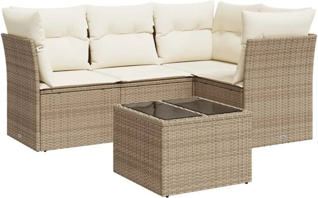 vidaXL 5-teilige Garten-Sofagarnitur in L-Form aus Poly-Rattan mit Tisch und Kissen in Beige-Creme - Bild 1