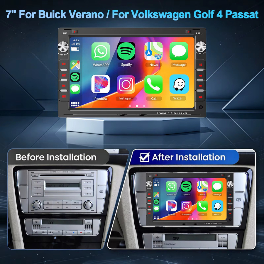 ESSGOO Android 15 Autoradio mit 7 Zoll Display, 8-Kern Prozessor, 6GB RAM und 128GB Speicher für VW Polo 9N, Golf 4, Passat B5 und T5, Schwarz, mit kabellosem Carplay, Android Auto, GPS, 4G, DSP, Bluetooth und WLAN - Bild 2
