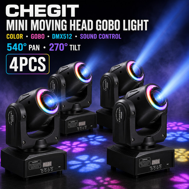 CHEGIT Mini Moving Head GOBO-Licht mit 150W RGB-LED-Ring, DMX512, Tonaktiviert, 540 Grad Pan und 270 Grad Neigung, LED-Musterscheinwerfer in Schwarz - Bild 1