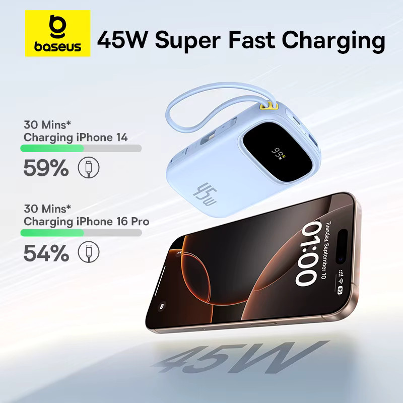 Baseus Power Bank 20000 mAh mit 45 W Schnellladung und integrierten USB-C sowie Lightning Kabeln in Weiß - Bild 3