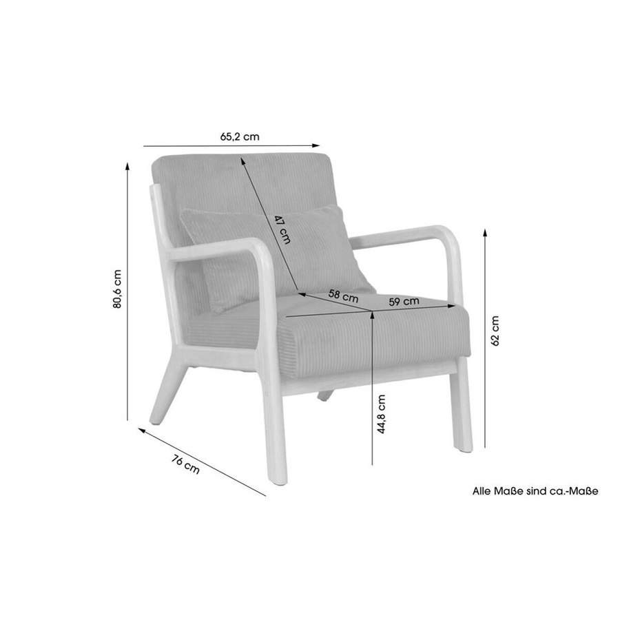 Sessel NOHR byLIVING in Grau und Natur mit Cordbezug und Massivholzrahmen, B/H/T: 65,2 x 80,6 x 76 cm - Bild 3