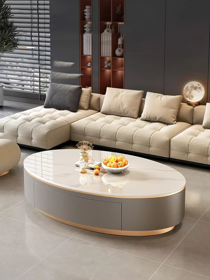 Moderner Designer Couchtisch von DUTRIEUX mit Schubladen in Weiß und ovaler Glasplatte - Bild 2