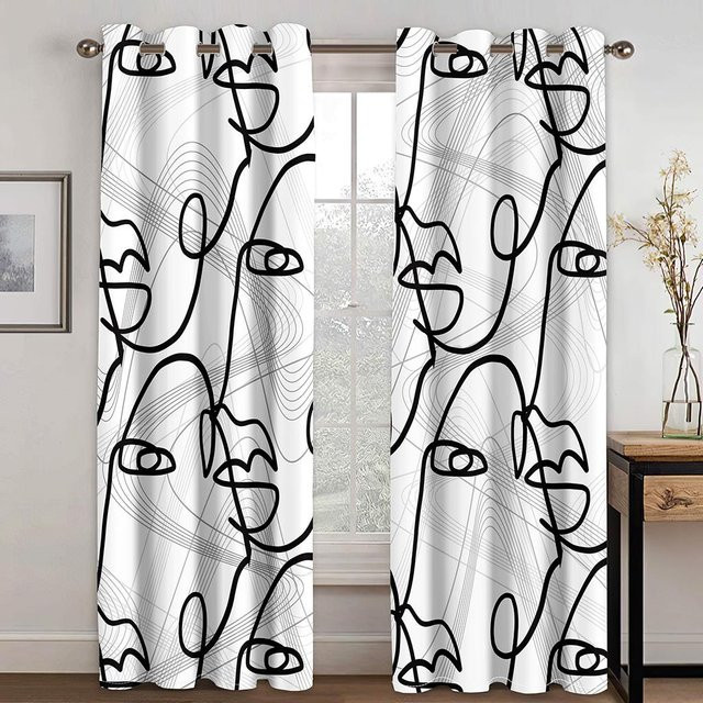 2er-Set Moderne Vorhänge mit Abstraktem Gesichtsmotiv in Weiß, Semi-transparent, B: 98 cm, H: 202 cm - Bild 1