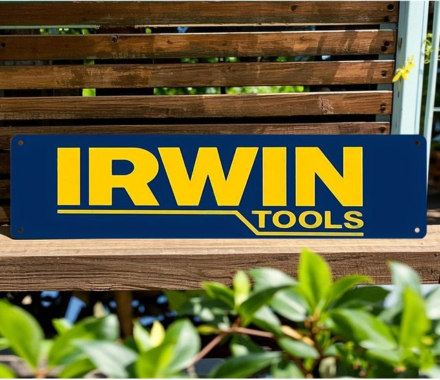 Vintage IRWIN Tools Aluminiumschild als rustikale Wanddekoration in Gelb und Blau - Bild 1