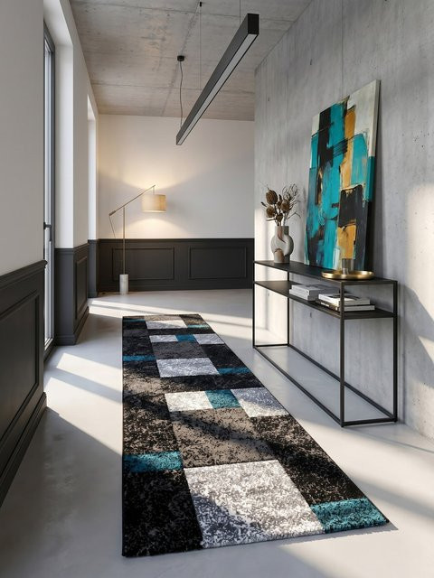 Kurzflorteppich LATEMAR von Kadima Design, kariert, Türkis, B/T: 80 x 300 cm - Bild 1