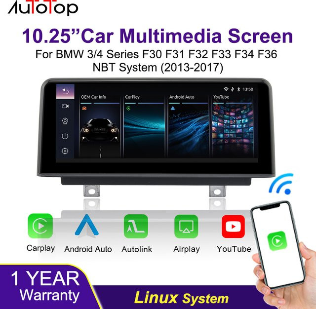 AUTOTOP 10,25 Zoll Android Multimedia System mit Wireless Carplay, Android Auto und Youtube für BMW 3er und 4er Serie F30 F31 F32 F33 F34 F36 (2013-2017) mit NBT System, Mirror Link und Bluetooth in Schwarz - Bild 1
