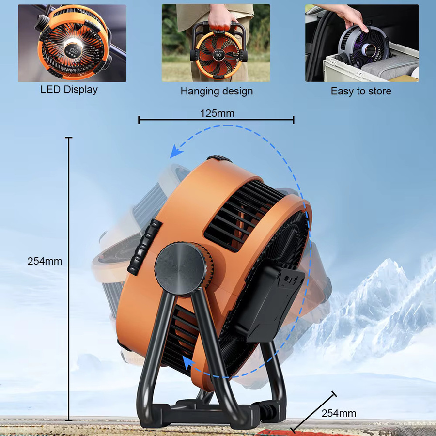Raugee Camping Ventilator mit 20000mAh Akku, tragbarer Outdoor-Deckenventilator mit Licht und Haken, wiederaufladbar, Grau/Orange - Bild 6