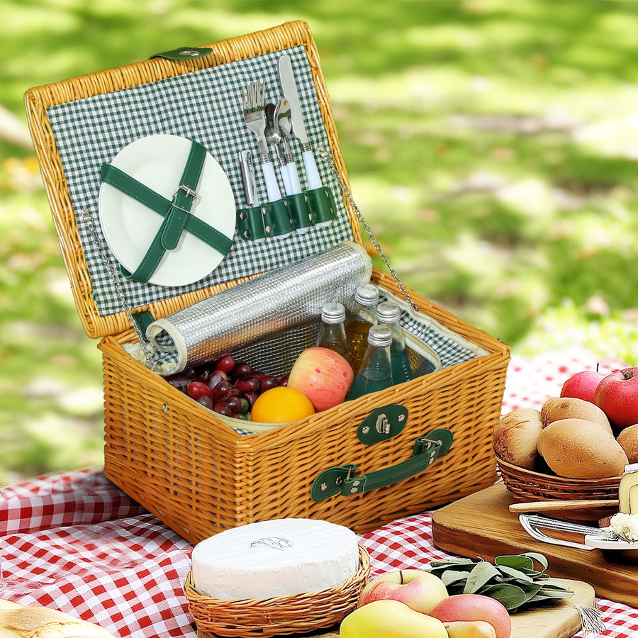 Outsunny Picknickkorb aus Weidenholz in Hellbraun mit Isoliertem Kühlfach und Besteck Set für 2 Personen - Bild 2