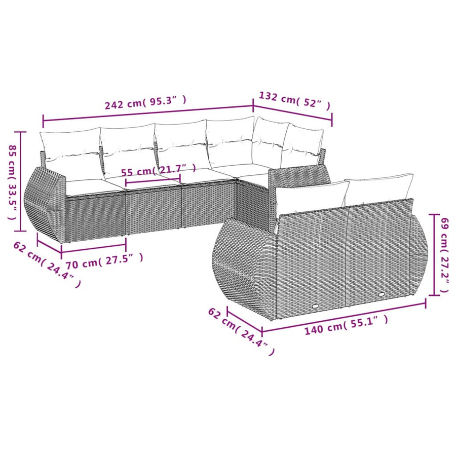 vidaXL 7-tlg. Garten-Sofagarnitur in L-Form aus Polyrattan in Braun mit Kissen und pulverbeschichtetem Stahlgestell - Bild 3