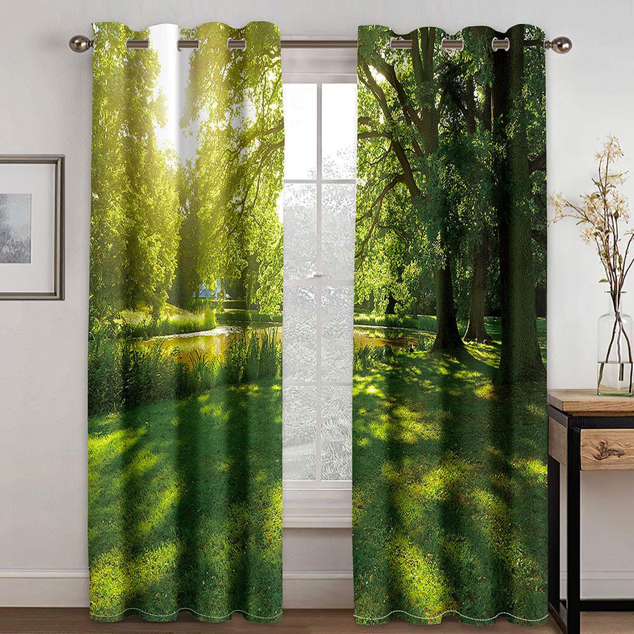 2er-Set Vorhänge mit 3D Wald und Ahornblatt Naturlandschaft Design in Grün, semi-transparent, mit Ösen, Breite: 50 cm, Höhe: 130 cm - Bild 1