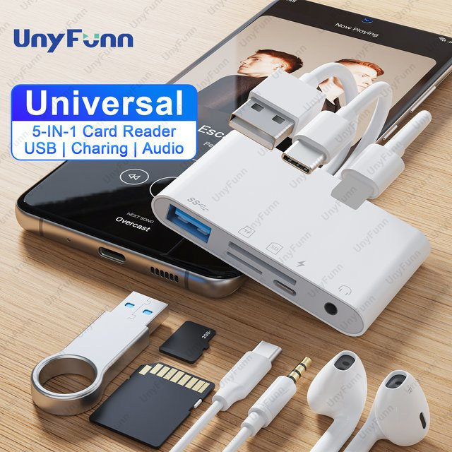 UnyFunn 8-in-1 Speicherkartenleser und USB-C Musik-Hub in Weiß mit USB-A, USB-C, 3,5 mm Klinke und TF/Micro SD/SDHC/SDXC/MMC Unterstützung für iPhone und iPad - Bild 1