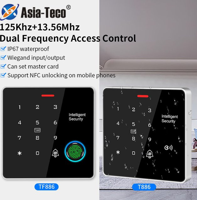 Asia-teco Digitales Fingerabdruck-Zugangskontrollsystem in Schwarz mit 125 kHz und 13,56 MHz, wasserdichtes elektronisches Türschloss - Bild 1