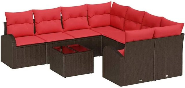 vidaXL Sofa Set 9-tlg. aus Poly-Rattan in Beige und Rot mit Kissen und Tisch - Bild 1