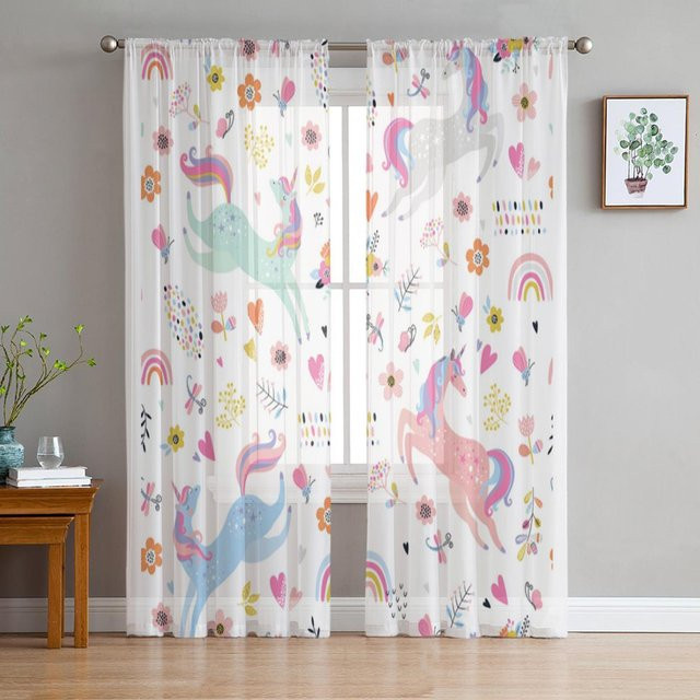 Yiran Furniture Einhorn und Schmetterling Tüllvorhänge mit Regenbogen-Motiv, 2er-Set, Transparent, Multicolour, Breite: 70 cm, Höhe: 185 cm - Bild 1