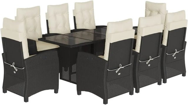 vidaXL 9-teilige Garten-Essgruppe aus schwarzem Poly-Rattan mit Kissen und Hartglas-Tischplatte - Bild 1