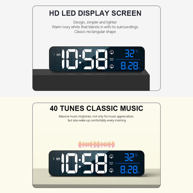 Tooarts Digitaler LED Wecker mit Thermometer, Datumsanzeige und Schlummerfunktion, Wandmontage, Kunststoff, Schwarz/Silber/Weiß - Bild 10
