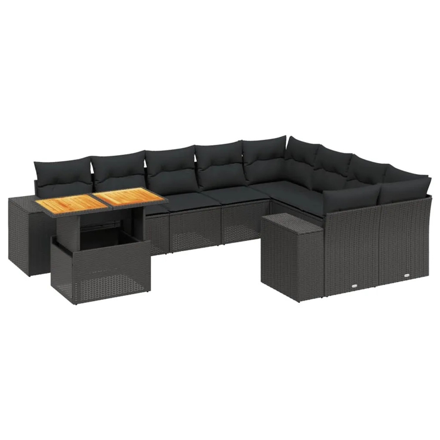 vidaXL 10-tlg. Garten-Sofagarnitur in L-Form aus Polyrattan und Akazienholz mit Kissen, Schwarz - Bild 2
