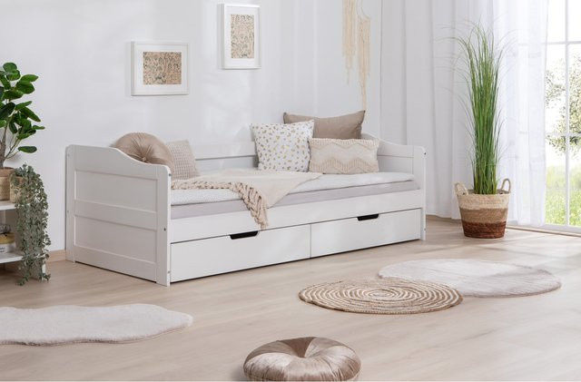 TiCAA Funktionsbett Sofabett Melinda aus massiver Kiefer in Weiß mit Schubladen, Breite: 90 cm, Tiefe: 200 cm - Bild 1