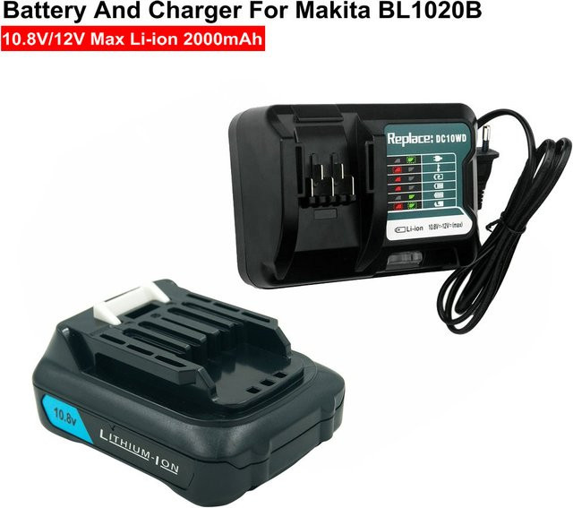 Makita Li-Ion Akku und Ladegerät Set 10,8 V/12 V 2000 mAh in Schwarz für Elektrowerkzeuge BL1015 BL1040B BL1020B BL1021 TD110D DF031D - Bild 1